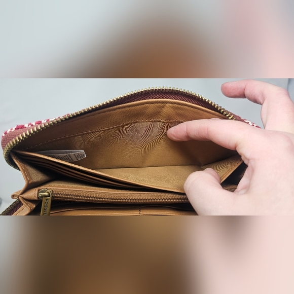 Fossil Jori Zip Clutch Wristlet RFID Wallet Leather Fabric Red White Brown NWOT - Picture 12 of 16